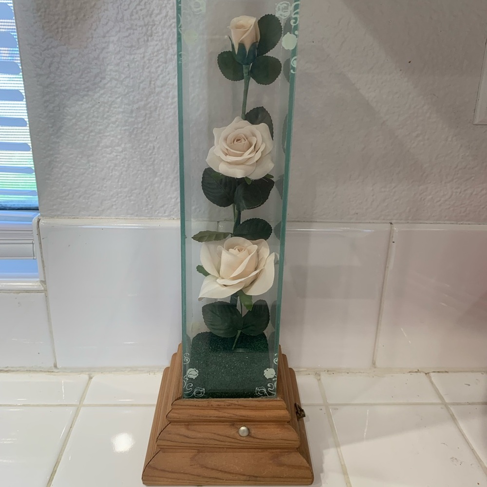 Music Box Glass Display with White Roses Play’s My Darling